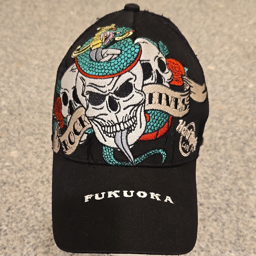 Hard Rock Cafe Fukuoka Black Skull Embroidered Baseball Cap